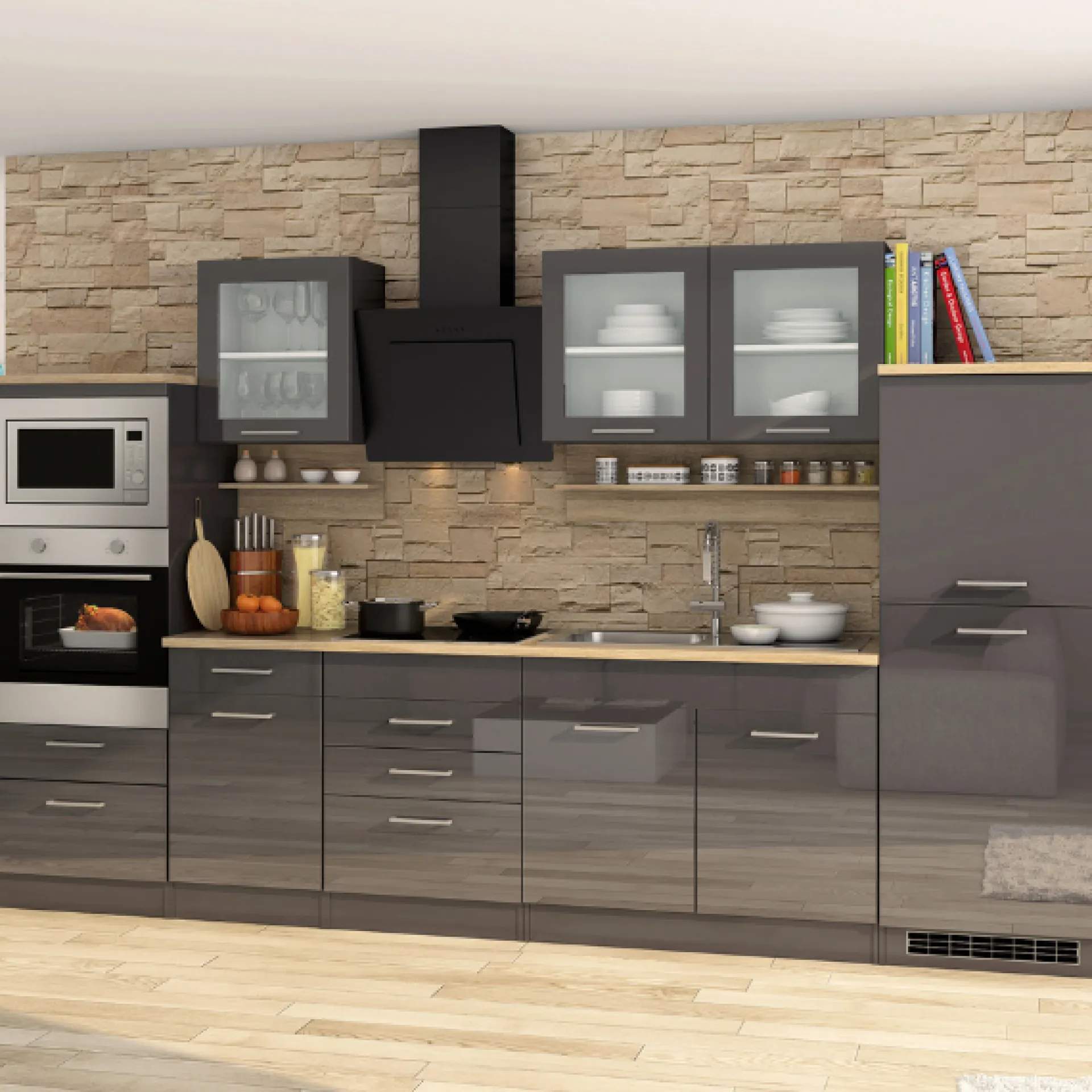 Held Küchenzeile Ragnar 330cm mit Backofen, Mikrowelle und Kühlschrank - Hochglanz