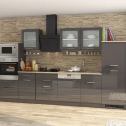 Held Küchenzeile Ragnar 340cm mit Backofen, Mikrowelle, Geschirrspüler und Kühlschrank - hochglanz