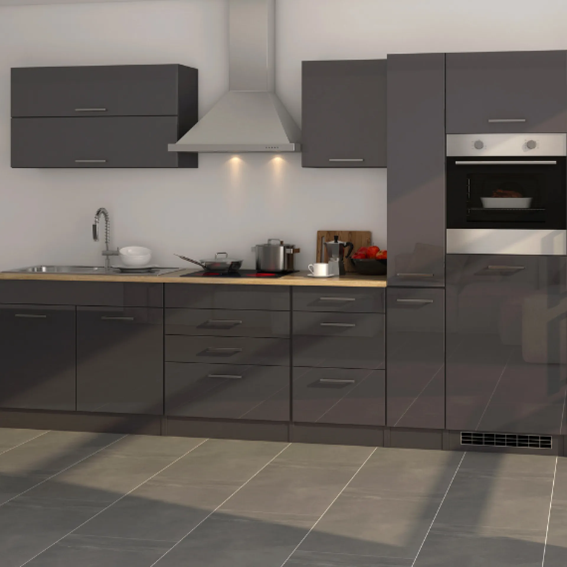 Held Küchenzeile Ragnar 320cm mit Backofen und Kühlschrank - Hochglanz