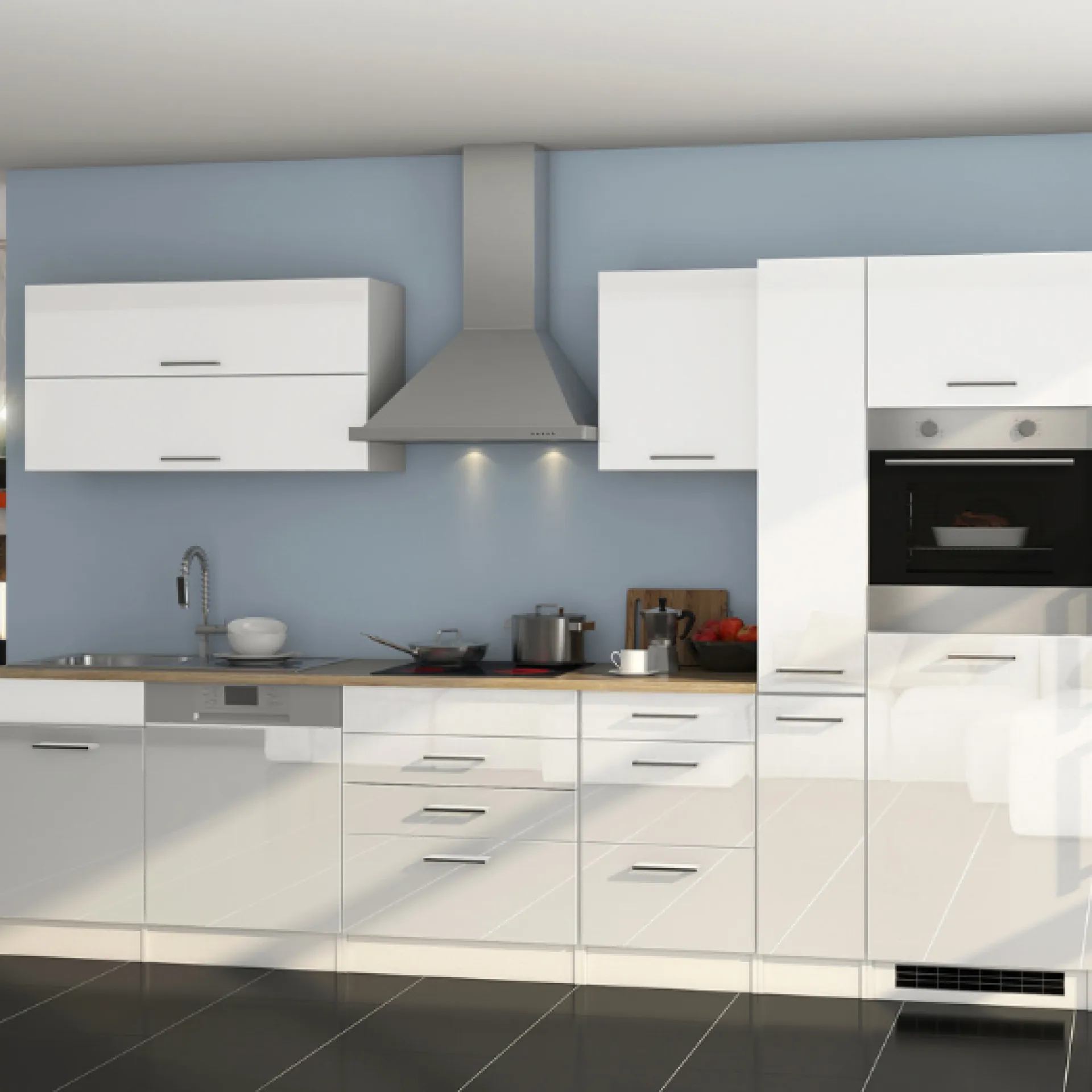 Held Küchenzeile Ragnar 330cm mit Backofen und Geschirrspüler - Hochglanz weiß