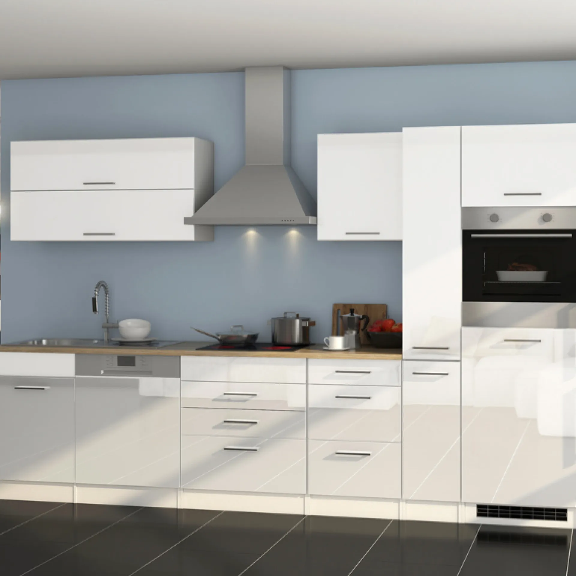 Held Küchenzeile Ragnar 330cm mit Backofen und Geschirrspüler - Hochglanz weiß