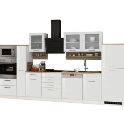 Held Küchenzeile Ragnar 370cm mit Backofen, Mikrowelle, Geschirrspüler und Kühlschrank - hochglänzend weiß