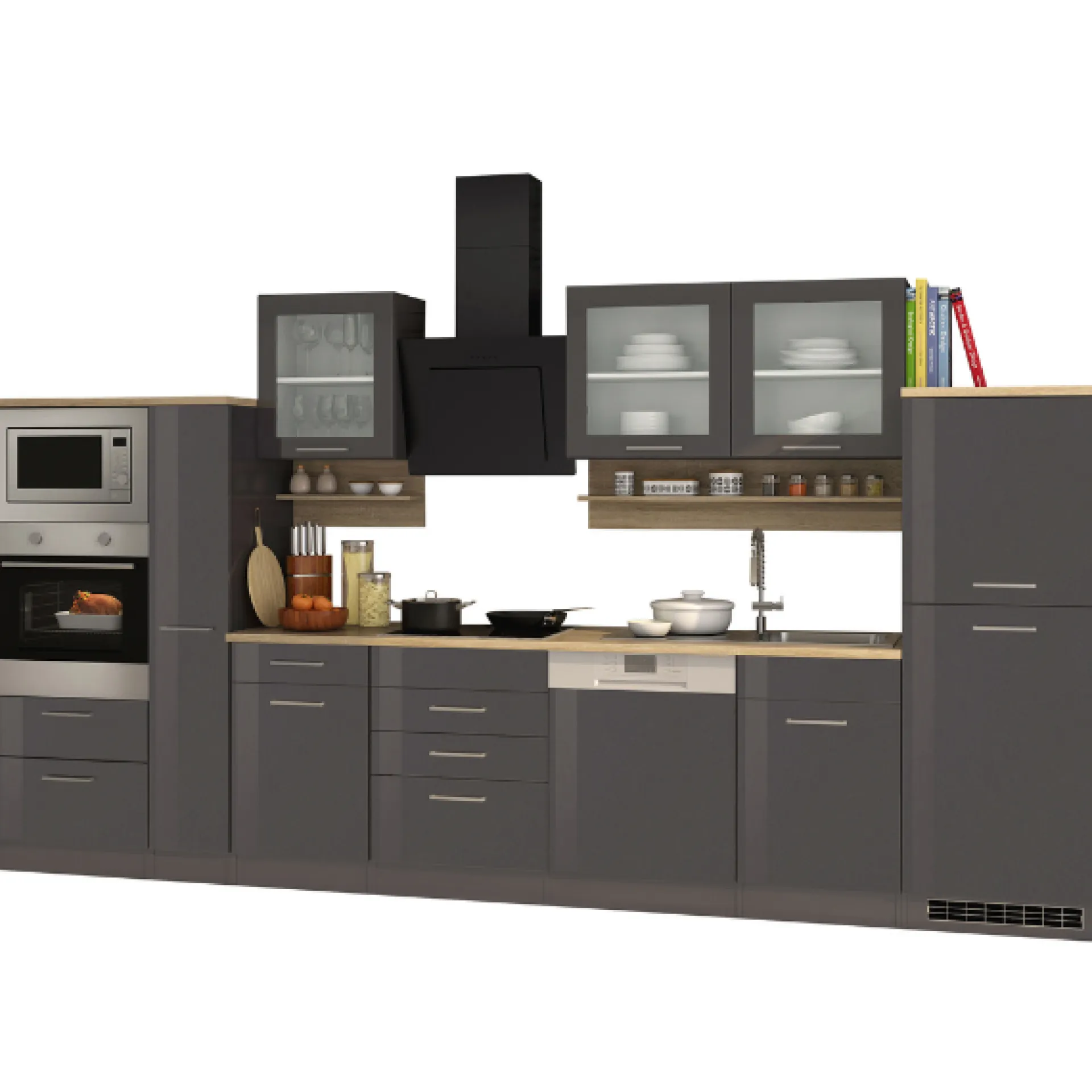 Held Küchenzeile Ragnar 370cm mit Backofen, Mikrowelle, Geschirrspüler und Kühlschrank - hochglanz