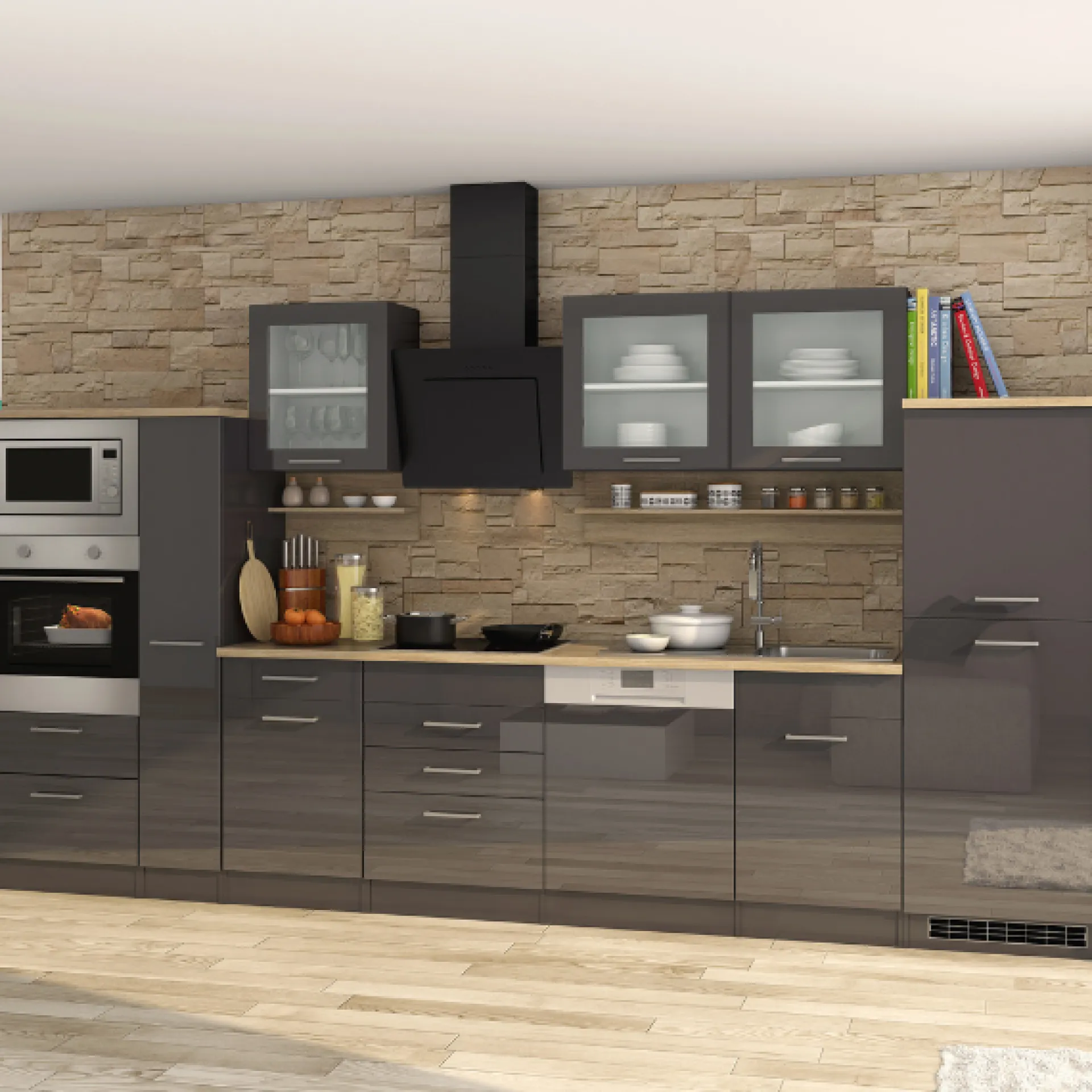 Held Küchenzeile Ragnar 370cm mit Backofen, Mikrowelle, Geschirrspüler und Kühlschrank - hochglanz
