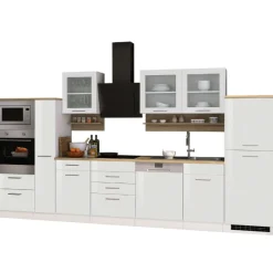 Held Küchenzeile Ragnar 370cm mit Backofen, Mikrowelle, Geschirrspüler und Kühlschrank - hochglänzend weiß