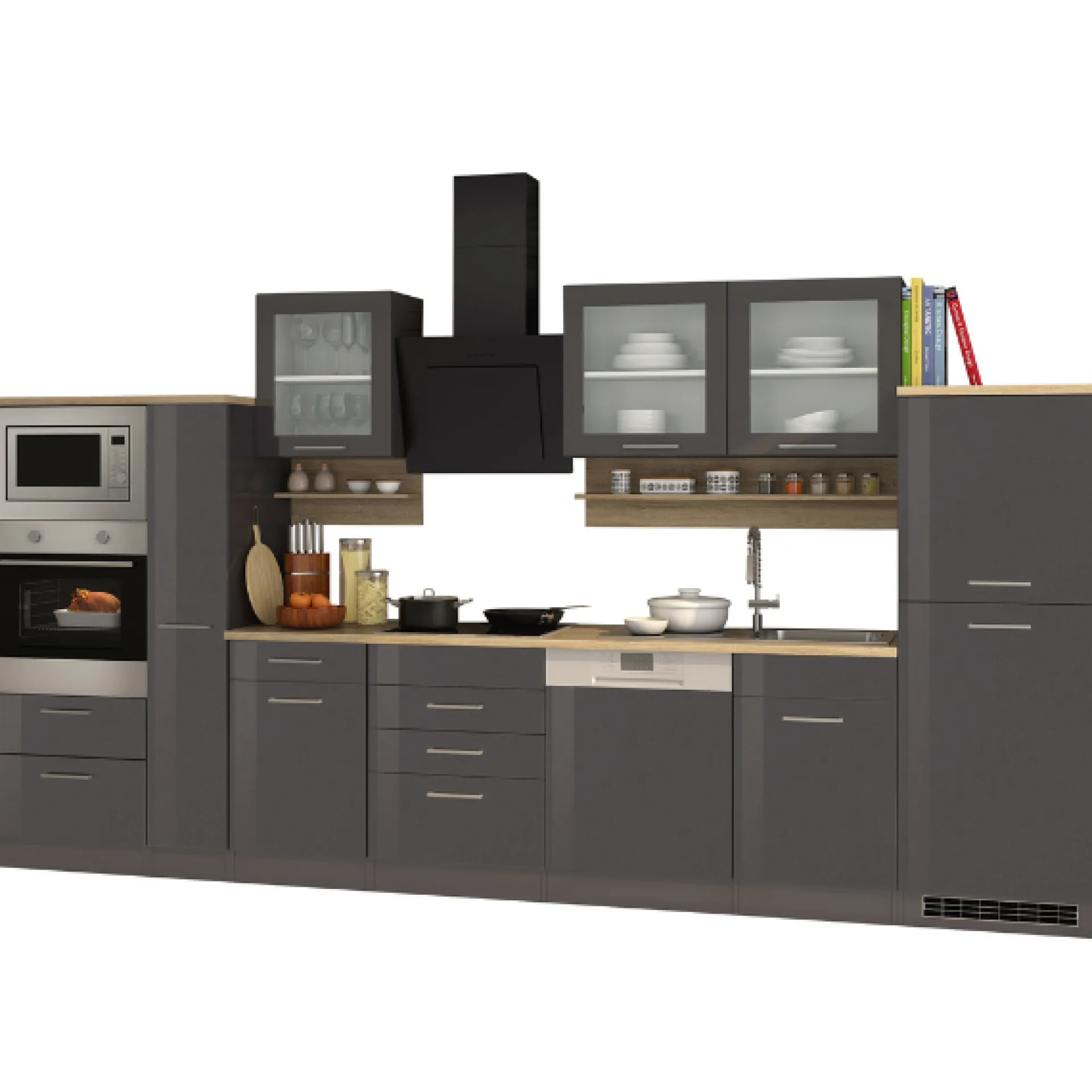 Held Küchenzeile Ragnar 370cm mit Backofen, Mikrowelle, Geschirrspüler und Kühlschrank - hochglanz