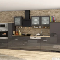 Held Küchenzeile Ragnar 370cm mit Backofen, Mikrowelle, Geschirrspüler und Kühlschrank - hochglanz