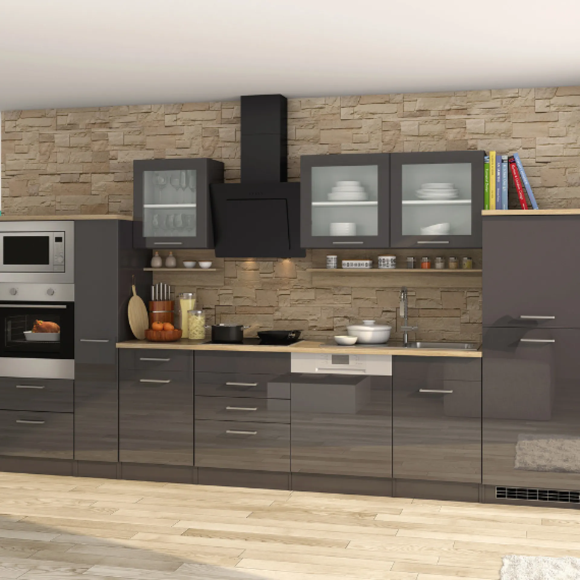 Held Küchenzeile Ragnar 370cm mit Backofen, Mikrowelle, Geschirrspüler und Kühlschrank - hochglanz