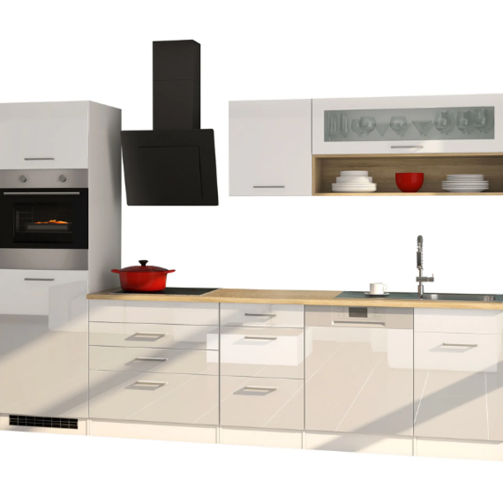 Held Küchenzeile Ragnar 300cm mit Geschirrspüler, Backofen und Kühlschrank - hochglänzend weiß
