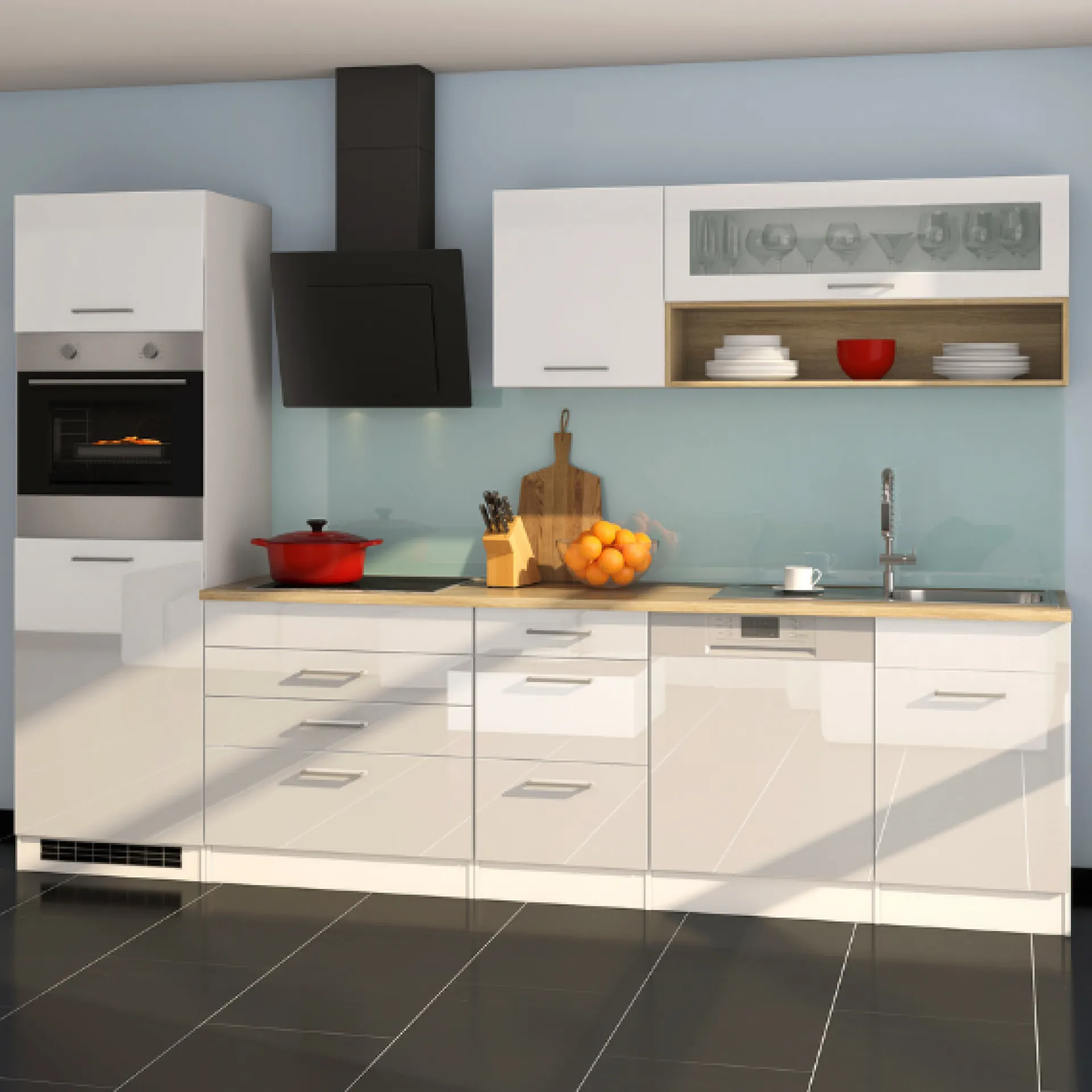 Held Küchenzeile Ragnar 300cm mit Geschirrspüler, Backofen und Kühlschrank - hochglänzend weiß