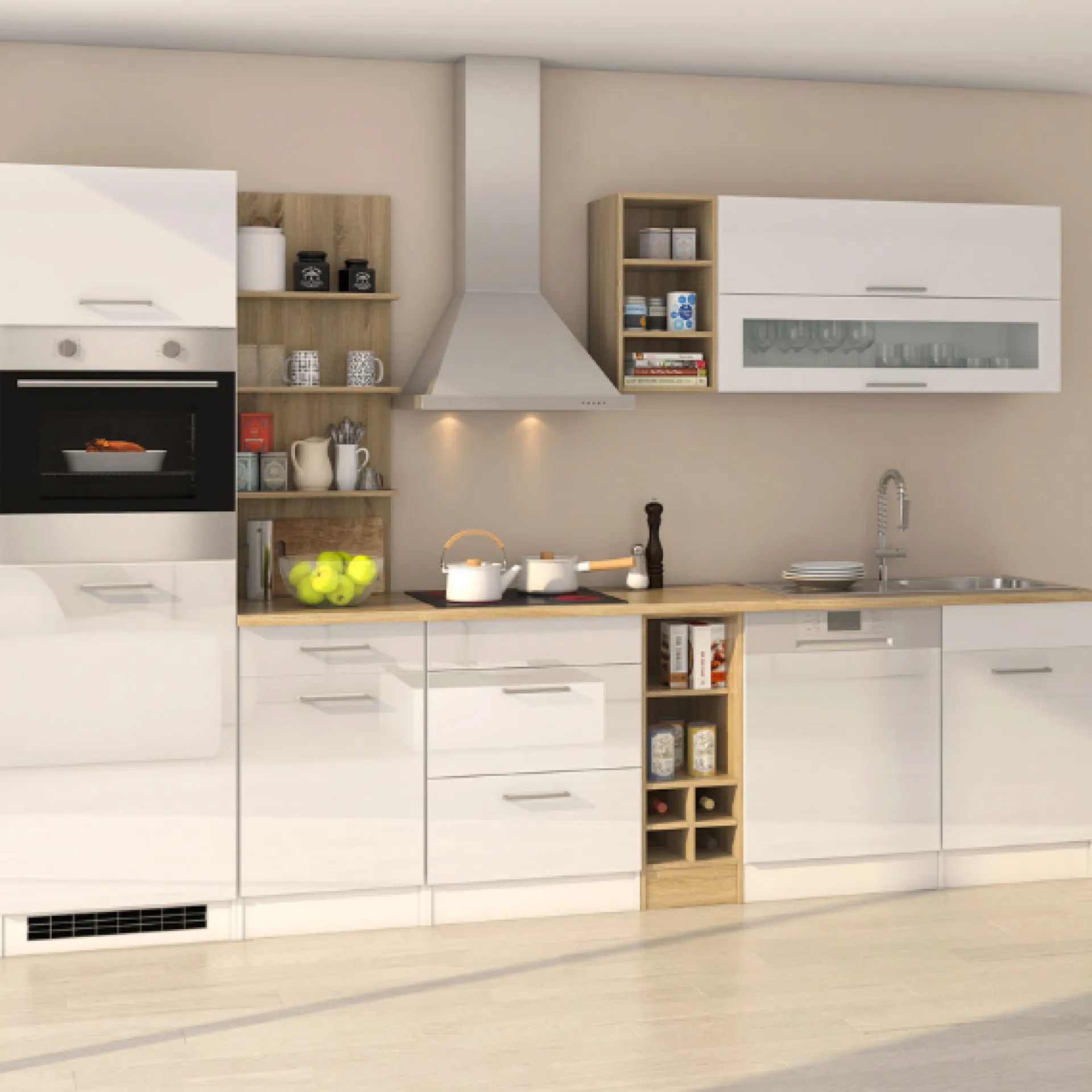 Held Küchenzeile Ragnar 310cm mit Geschirrspüler, Backofen und Kühlschrank - hochglänzend weiß