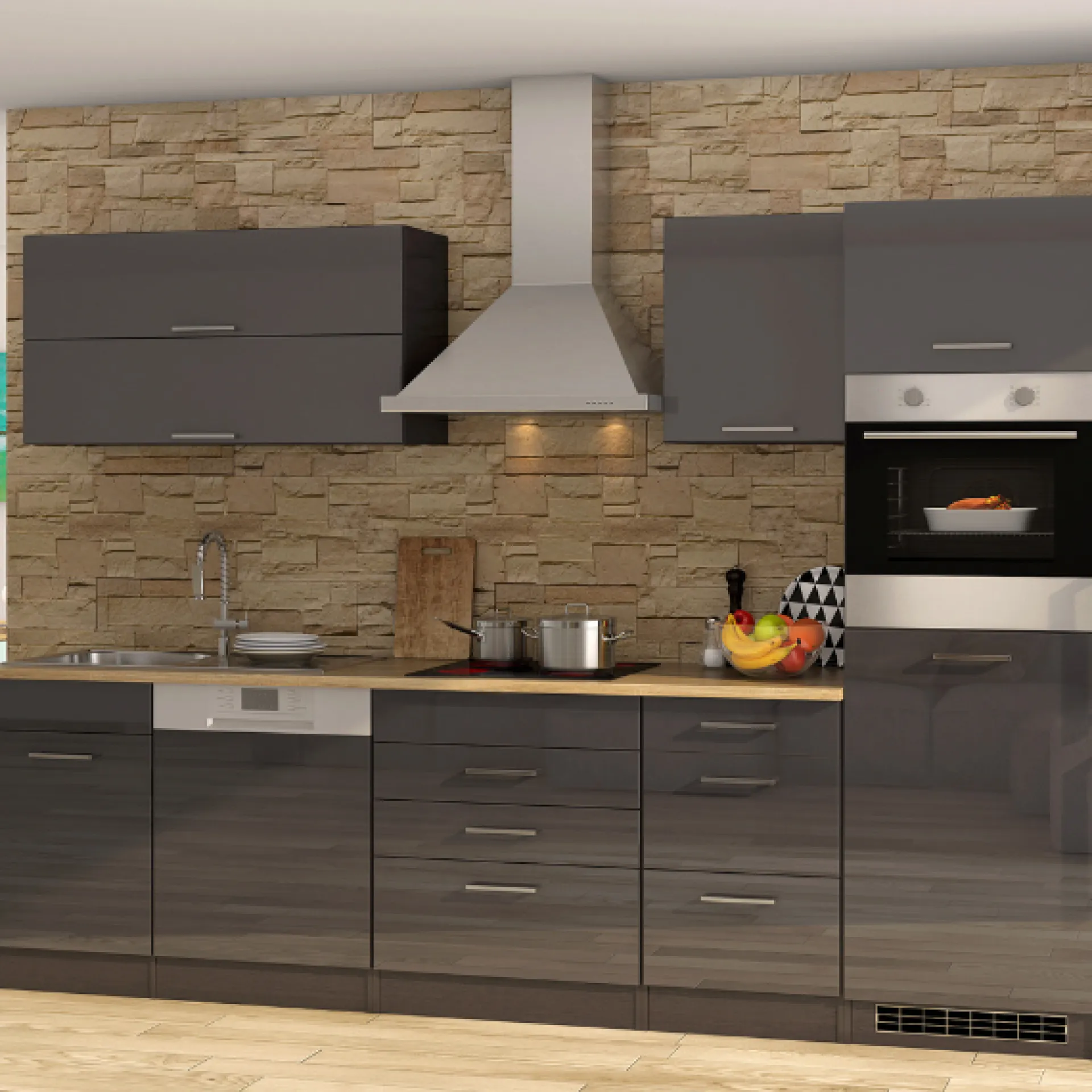 Held Küchenzeile Ragnar 300cm mit Geschirrspüler und Backofen - Hochglanz