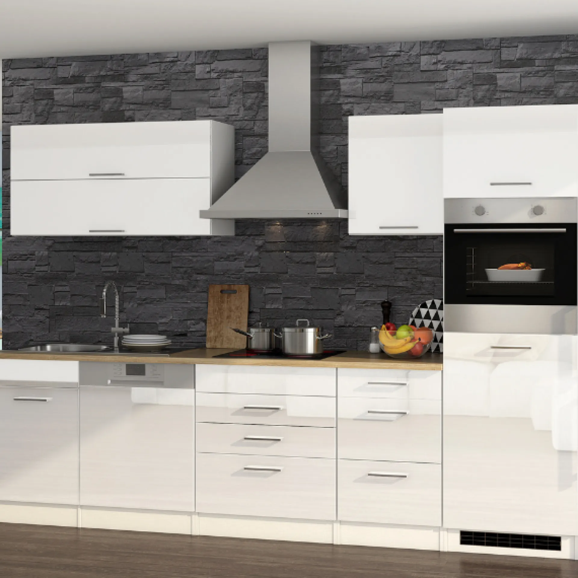Held Küchenzeile Ragnar 300cm mit Geschirrspüler, Kühlschrank und Backofen - hochglänzend weiß