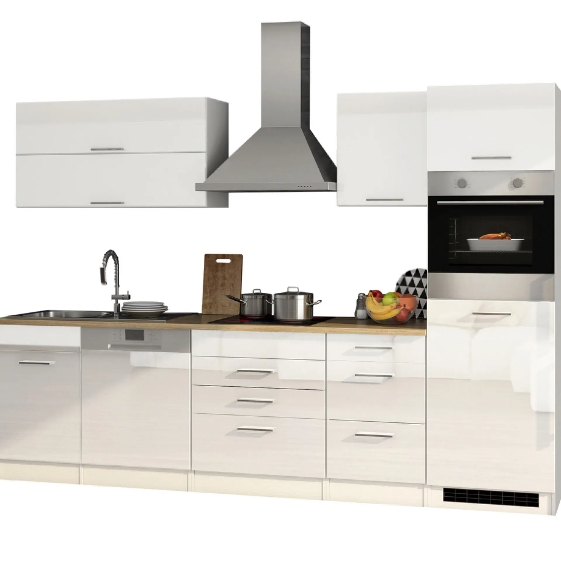 Held Küchenzeile Ragnar 300cm mit Geschirrspüler, Kühlschrank und Backofen - hochglänzend weiß