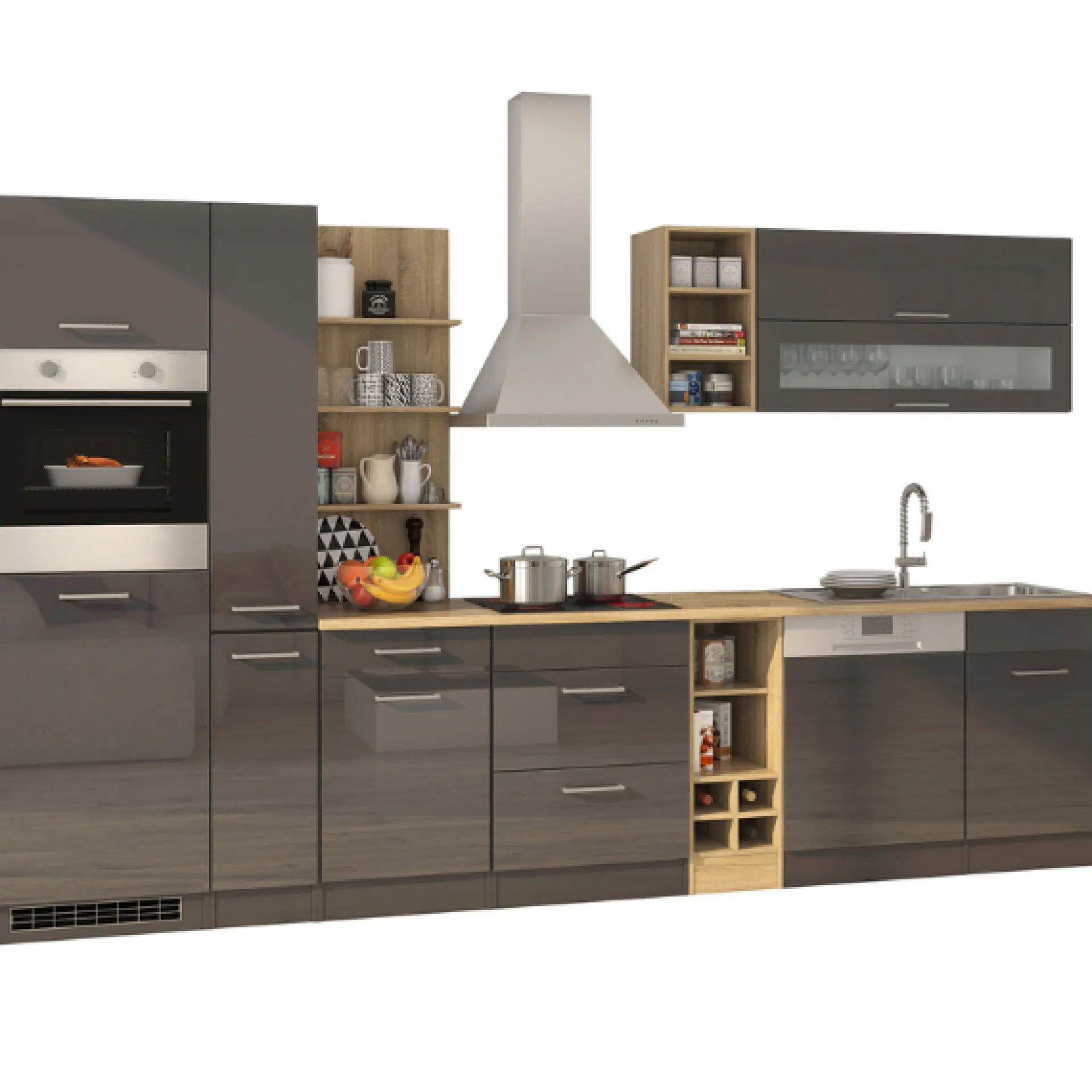 Held Küchenzeile Ragnar 340cm mit Geschirrspüler, Backofen und Kühlschrank - Hochglanz
