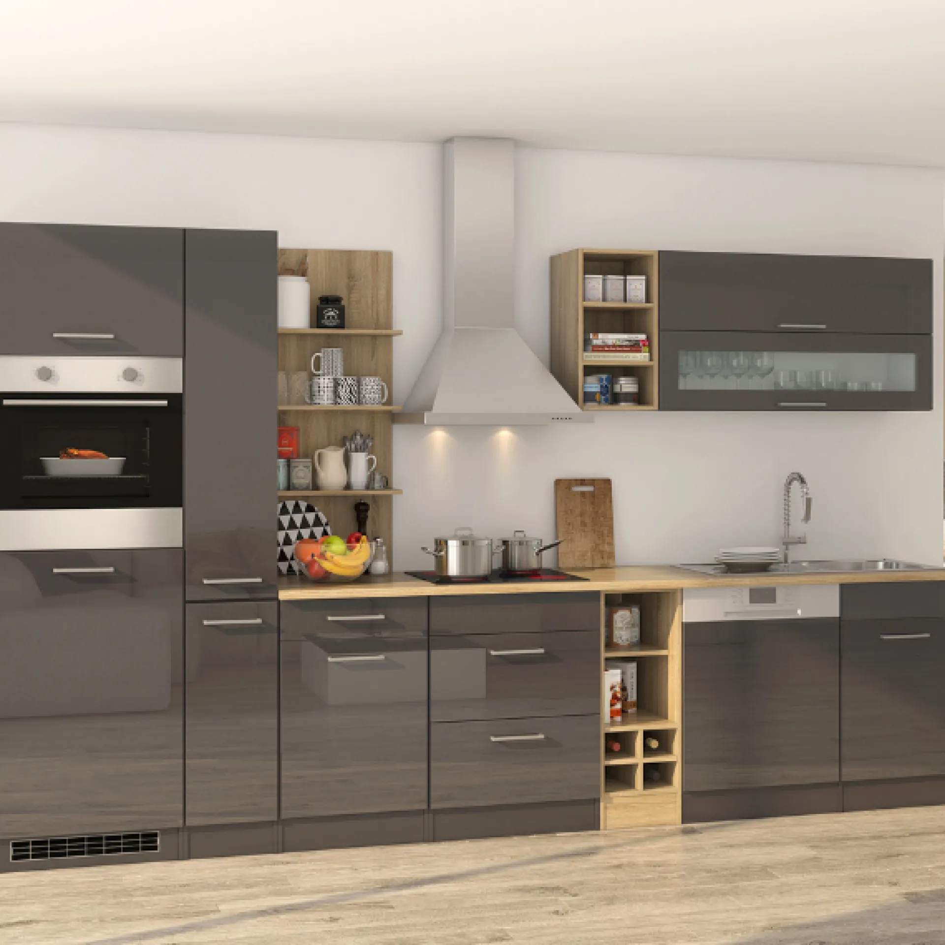 Held Küchenzeile Ragnar 340cm mit Geschirrspüler, Backofen und Kühlschrank - Hochglanz