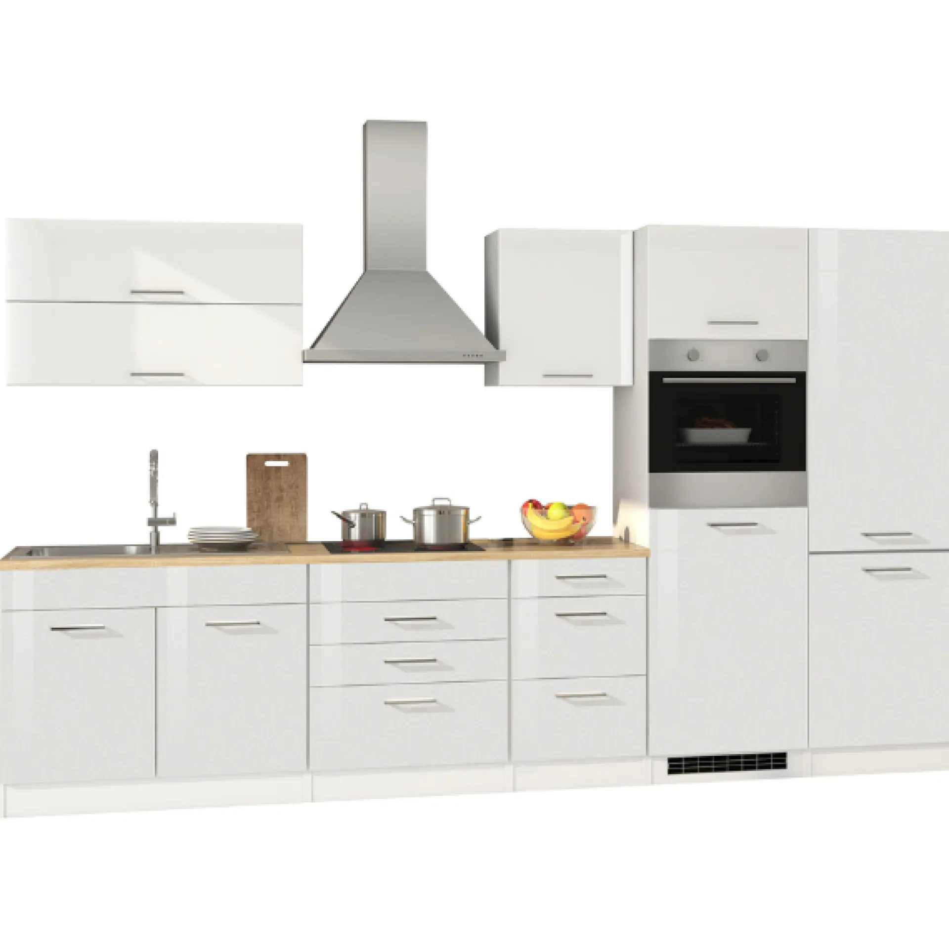 Held Küchenzeile Ragnar 350cm mit Kühl-Gefrierkombination und Backofen - Hochglanz weiß