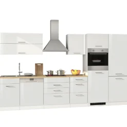 Held Küchenzeile Ragnar 360cm mit Kühl-Gefrierkombination, Backofen und Geschirrspüler - Hochglanz weiß