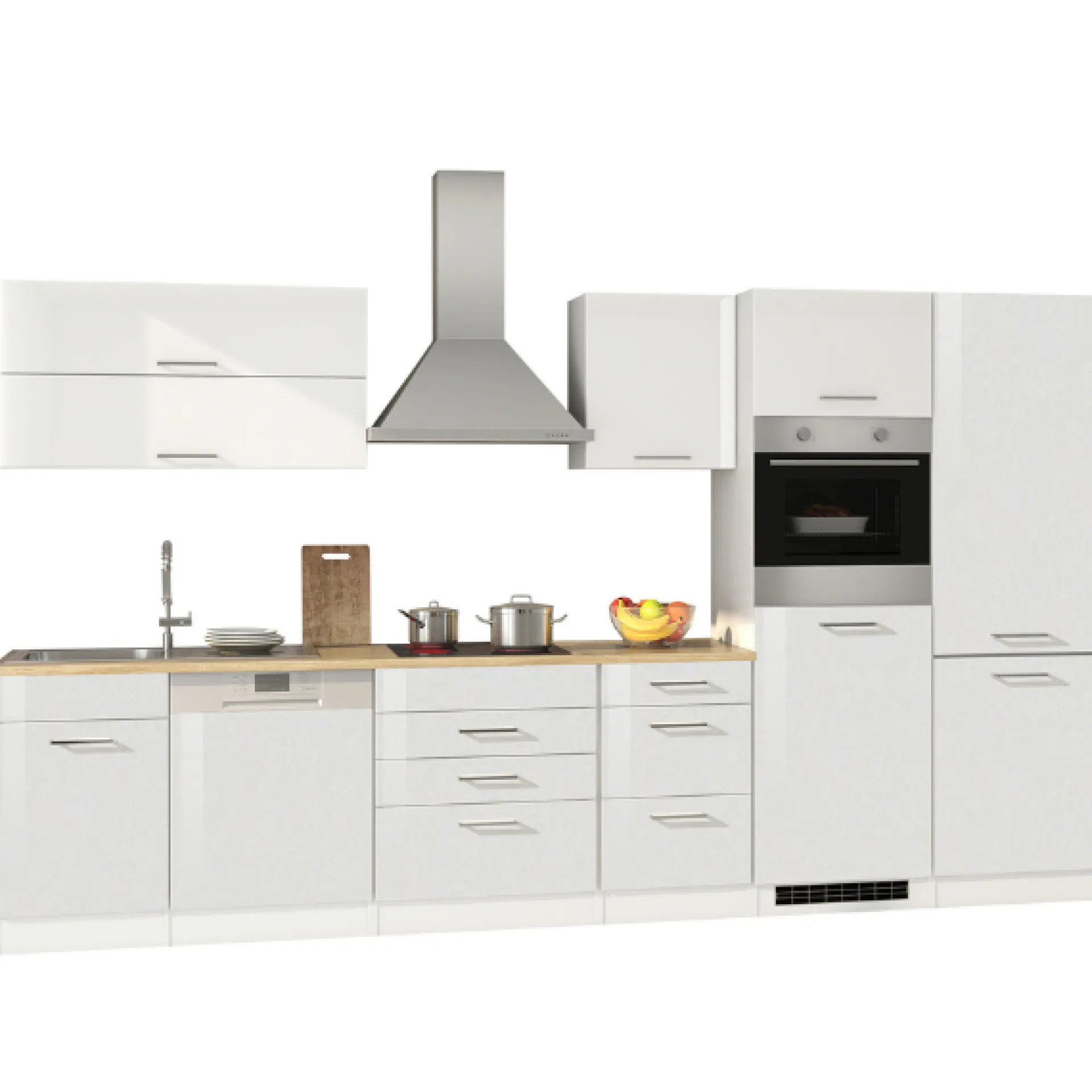 Held Küchenzeile Ragnar 360cm mit Kühl-Gefrierkombination, Backofen und Geschirrspüler - Hochglanz weiß