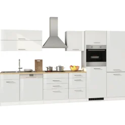 Held Küchenzeile Ragnar 360cm mit Kühl-Gefrierkombination, Backofen und Geschirrspüler - Hochglanz weiß