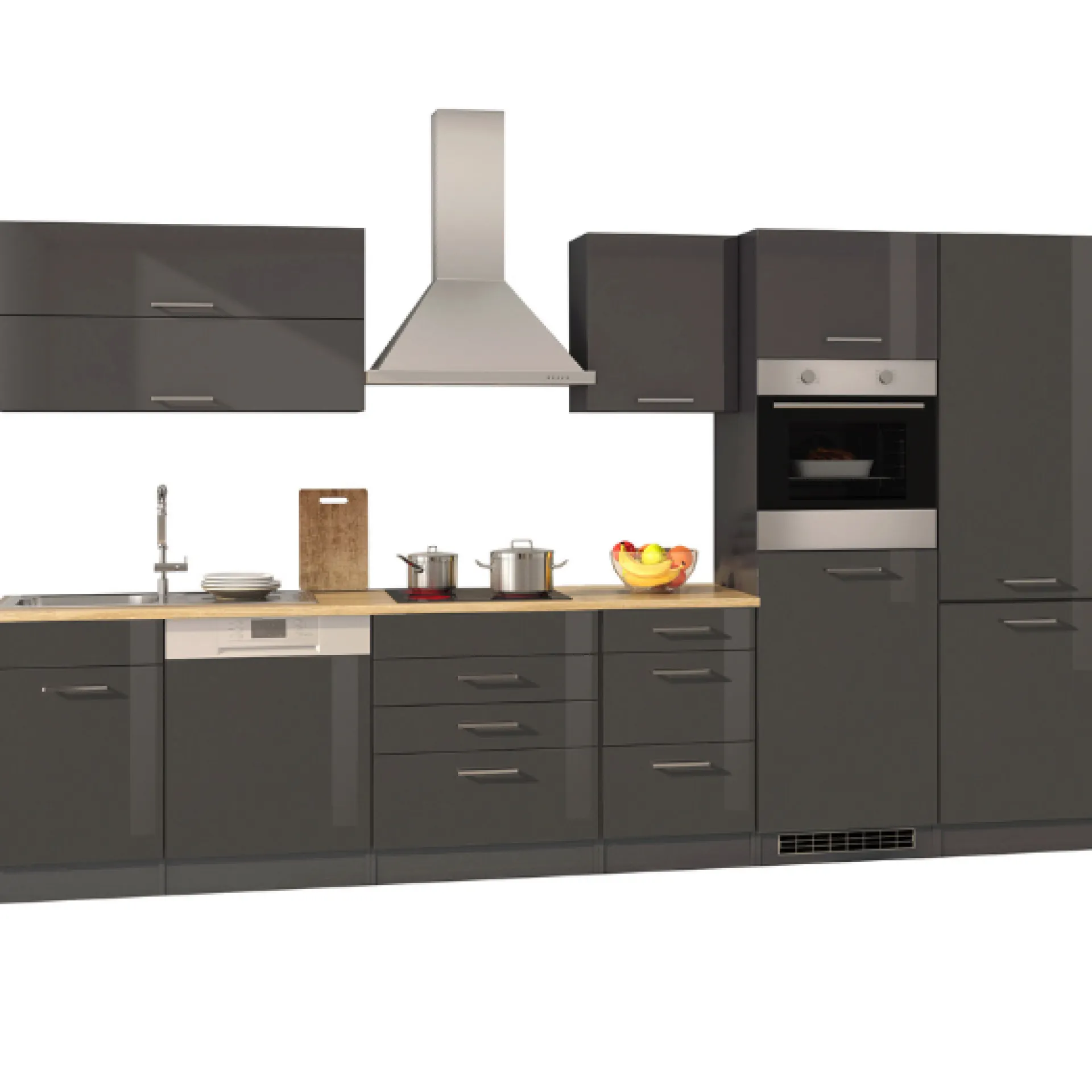 Held Küchenzeile Ragnar 360cm mit Kühl-Gefrierkombination, Backofen und Geschirrspüler - Hochglanz