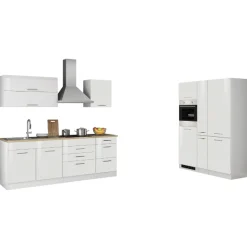 Held Küchenzeile Ragnar 380cm mit Kühl-Gefrierkombination und Backofen - Hochglanz weiß