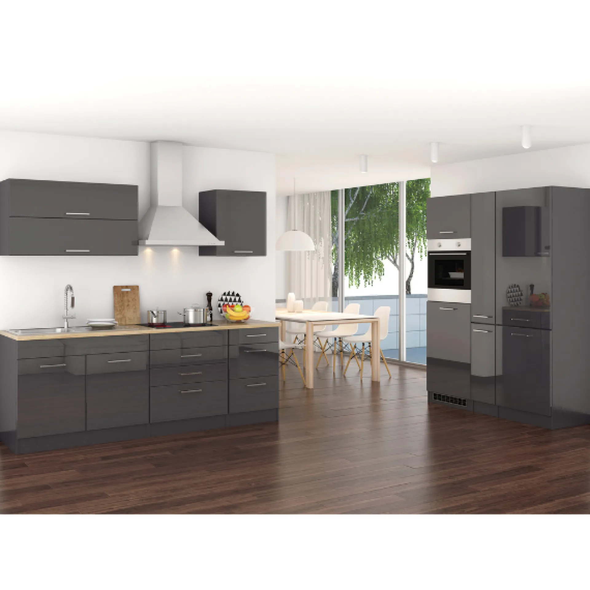 Held Küchenzeile Ragnar 380cm mit Kühl-Gefrierkombination und Backofen - Hochglanz
