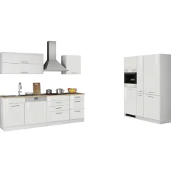 Held Küchenzeile Ragnar 390cm mit Kühl-Gefrierkombination, Backofen und Geschirrspüler - Hochglanz weiß