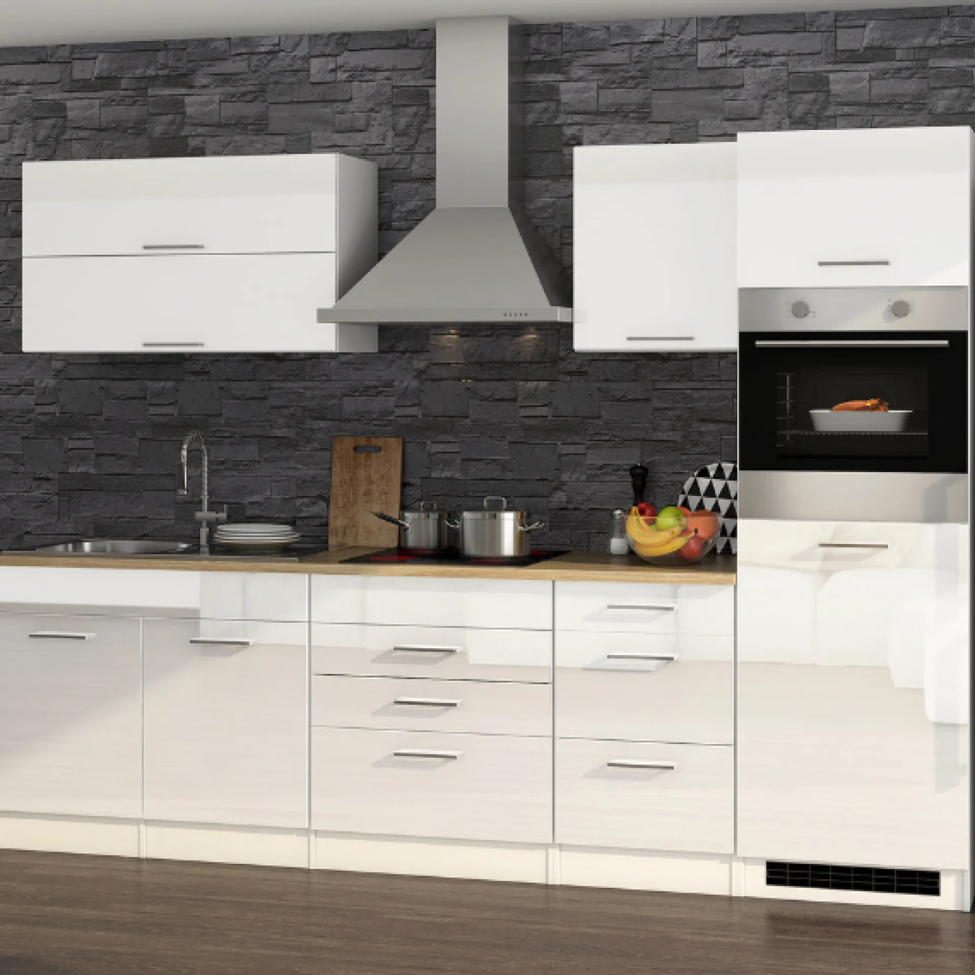 Held Küchenzeile Ragnar 290cm mit Kühlschrank und Backofen - Hochglanz weiß