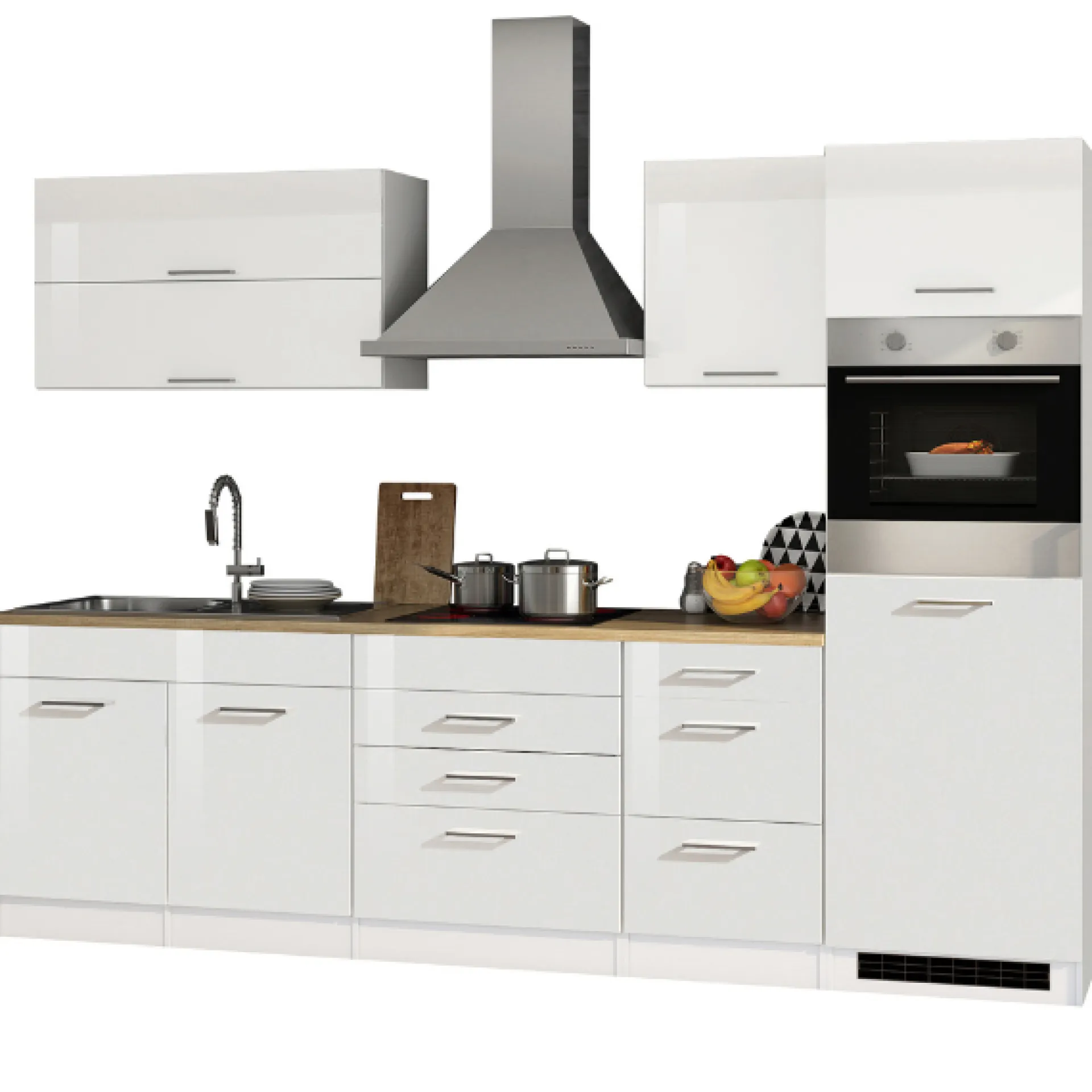 Held Küchenzeile Ragnar 290cm mit Kühlschrank und Backofen - Hochglanz weiß
