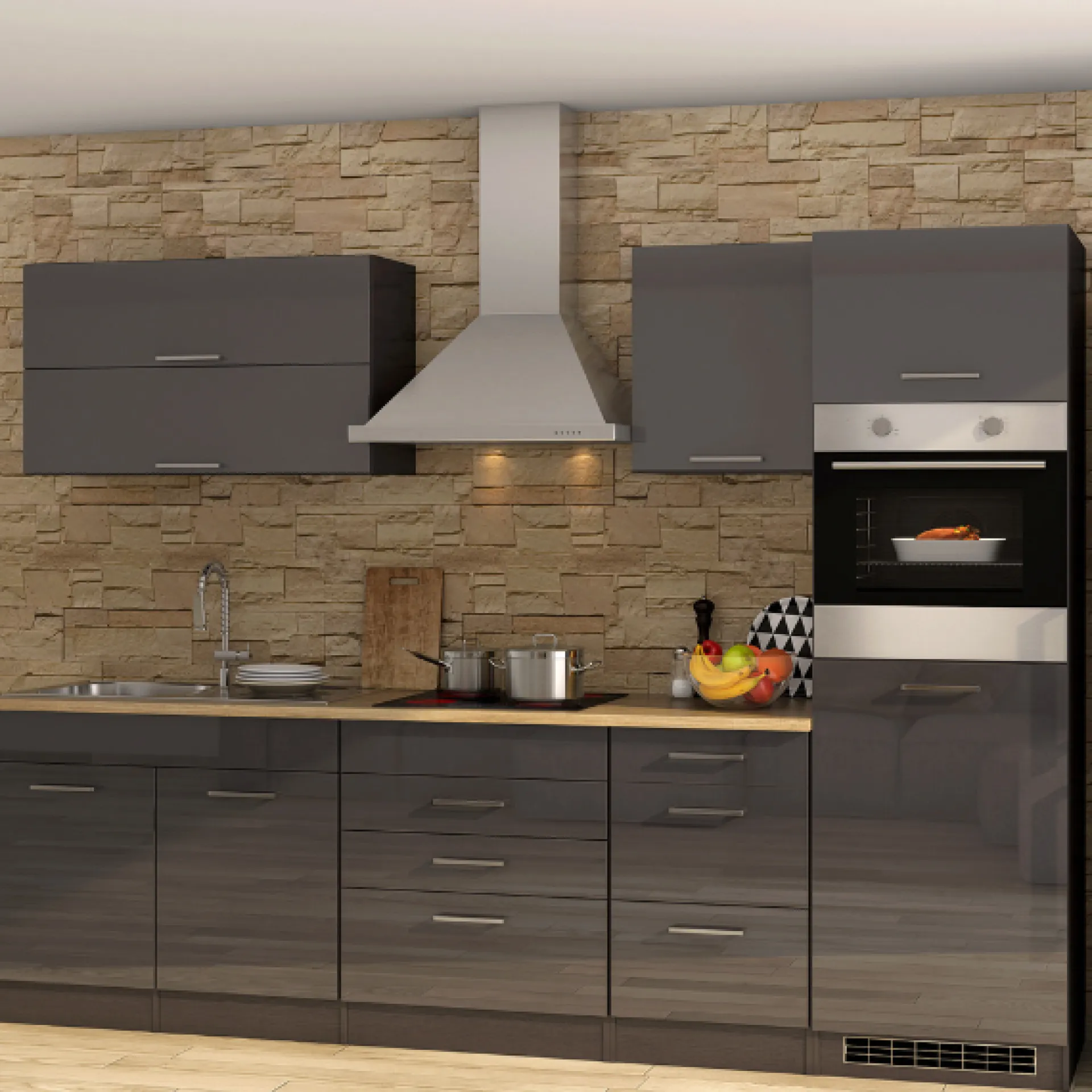 Held Küchenzeile Ragnar 290cm mit Kühlschrank und Backofen - Hochglanz