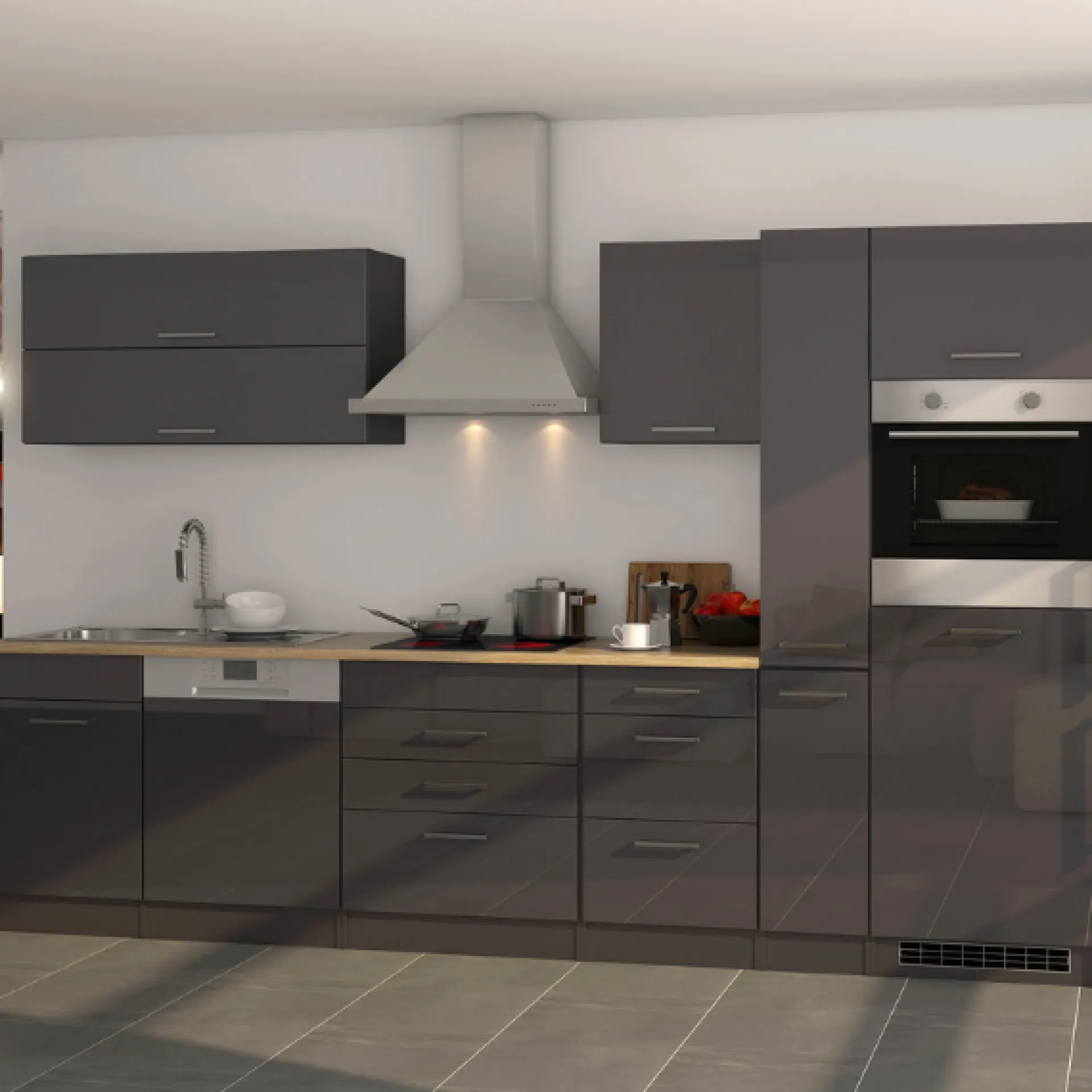 Held Küchenzeile Ragnar 330cm mit Kühlschrank, Backofen und Geschirrspüler - Hochglanz