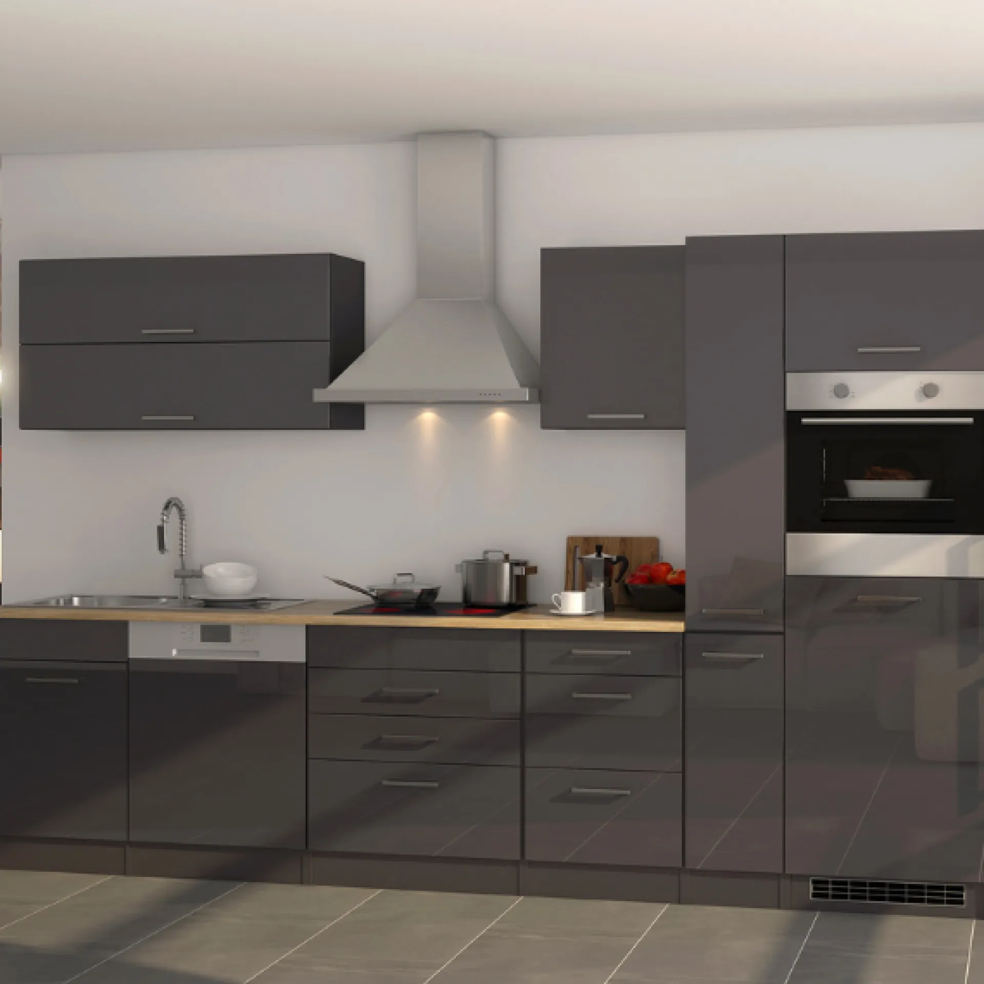 Held Küchenzeile Ragnar 330cm mit Kühlschrank, Backofen und Geschirrspüler - Hochglanz