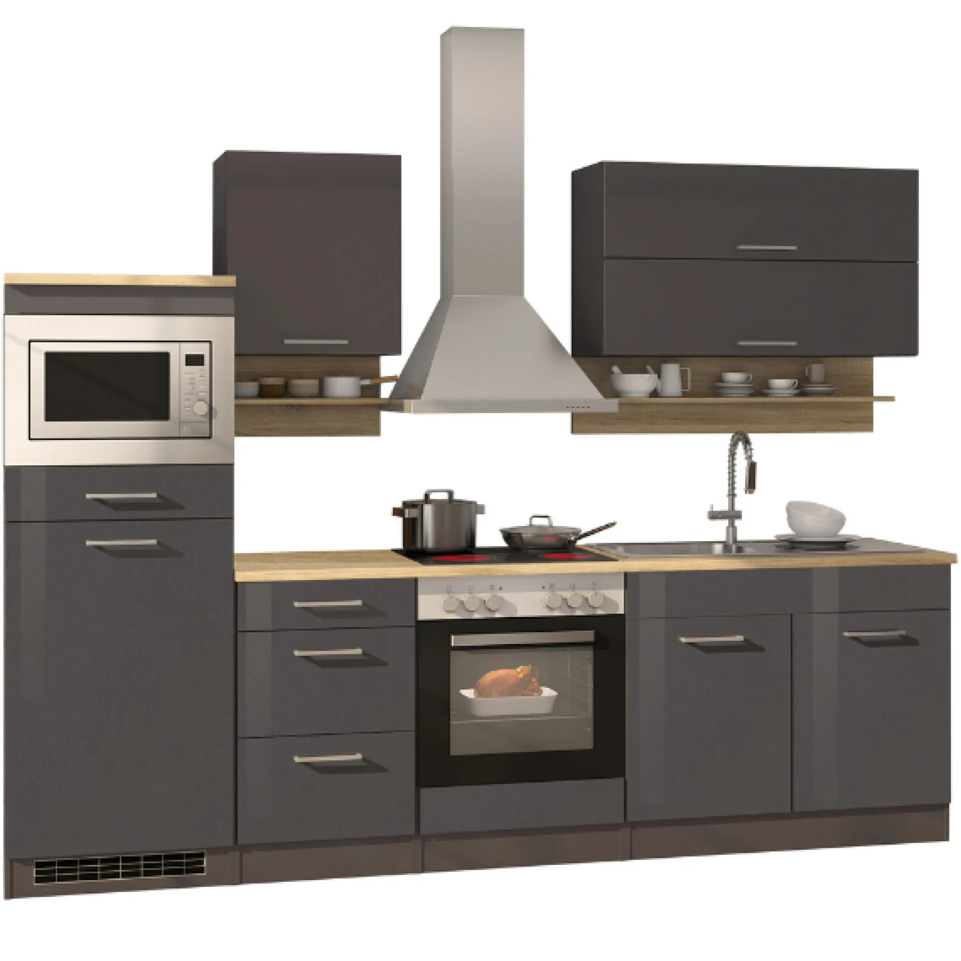 Held Küchenzeile Ragnar 270cm mit Mikrowelle, Kühlschrank und Backofen - Hochglanz