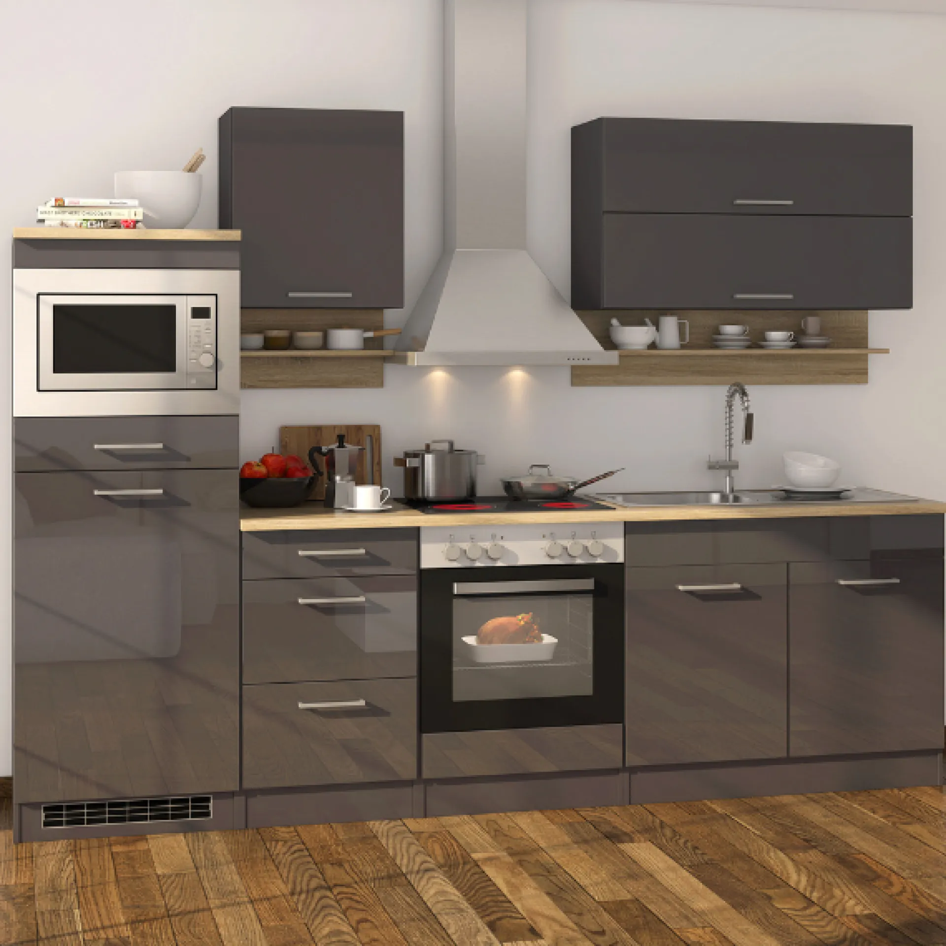 Held Küchenzeile Ragnar 270cm mit Mikrowelle, Kühlschrank und Backofen - Hochglanz