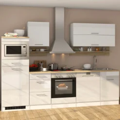 Held Küchenzeile Ragnar 280cm mit Mikrowelle, Kühlschrank, Backofen und Geschirrspüler - hochglänzend weiß