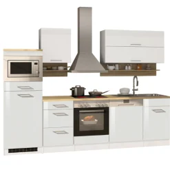 Held Küchenzeile Ragnar 280cm mit Mikrowelle, Kühlschrank, Backofen und Geschirrspüler - hochglänzend weiß