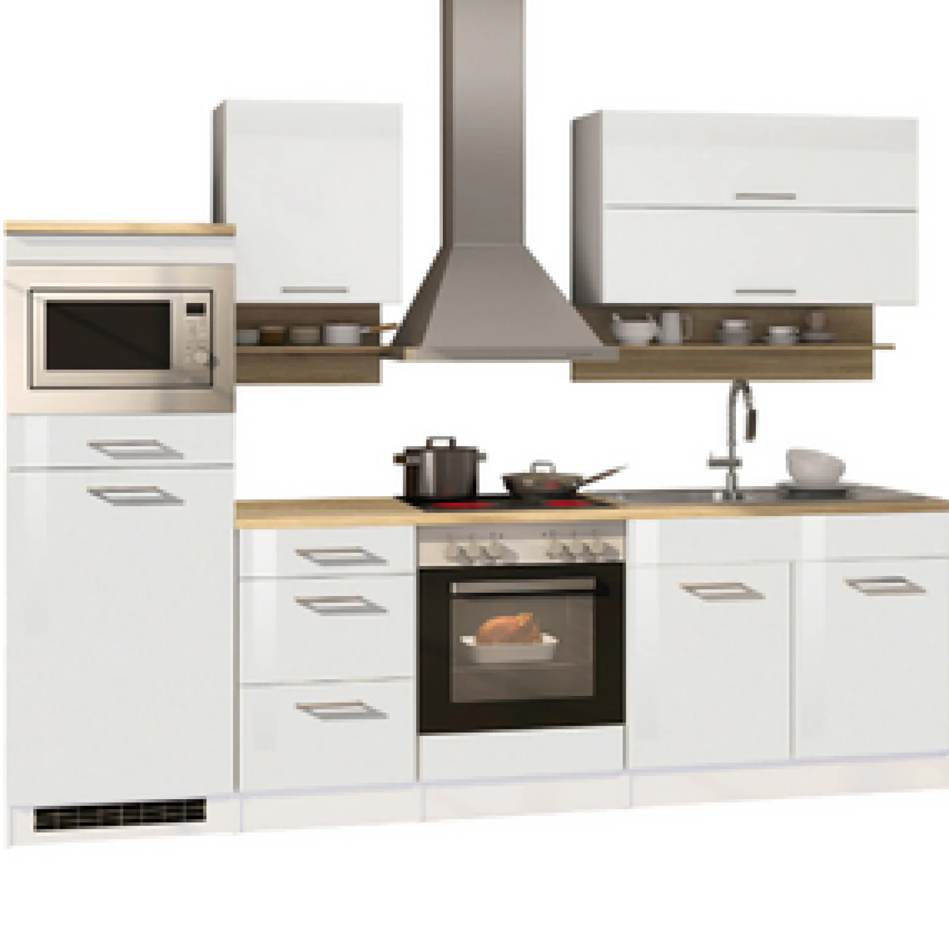 Held Küchenzeile Ragnar 270cm mit Mikrowelle, Kühlschrank und Backofen - Hochglanz weiß