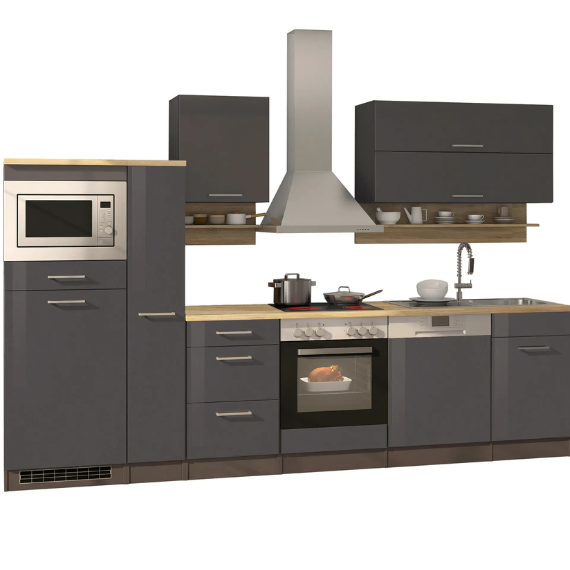 Held Küchenzeile Ragnar 310cm mit Mikrowelle, Kühlschrank, Backofen und Geschirrspüler - hochglanz
