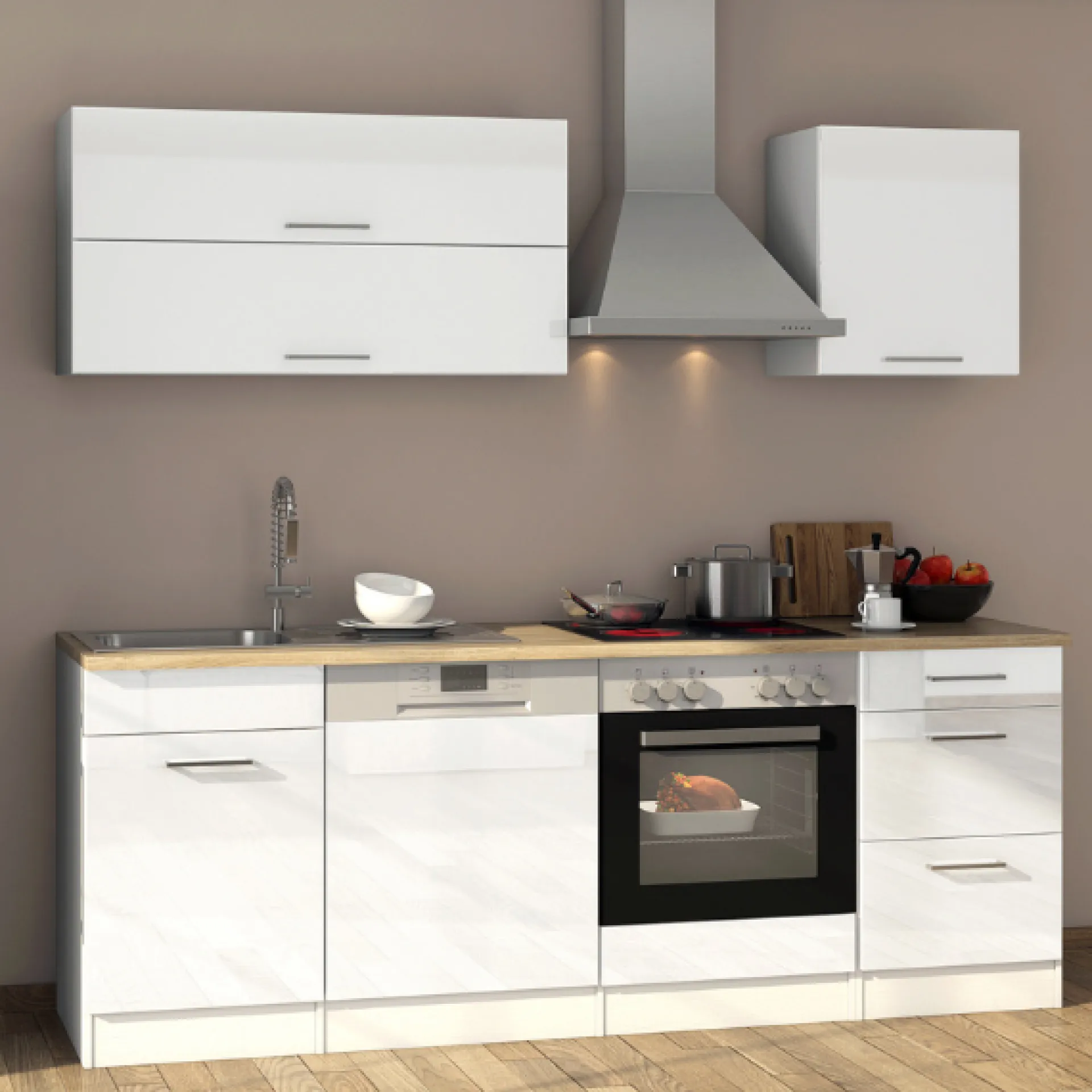 Held Küchenzeile Ragnar 220cm mit Platz für Backofen und Geschirrspüler - hochglänzend weiß