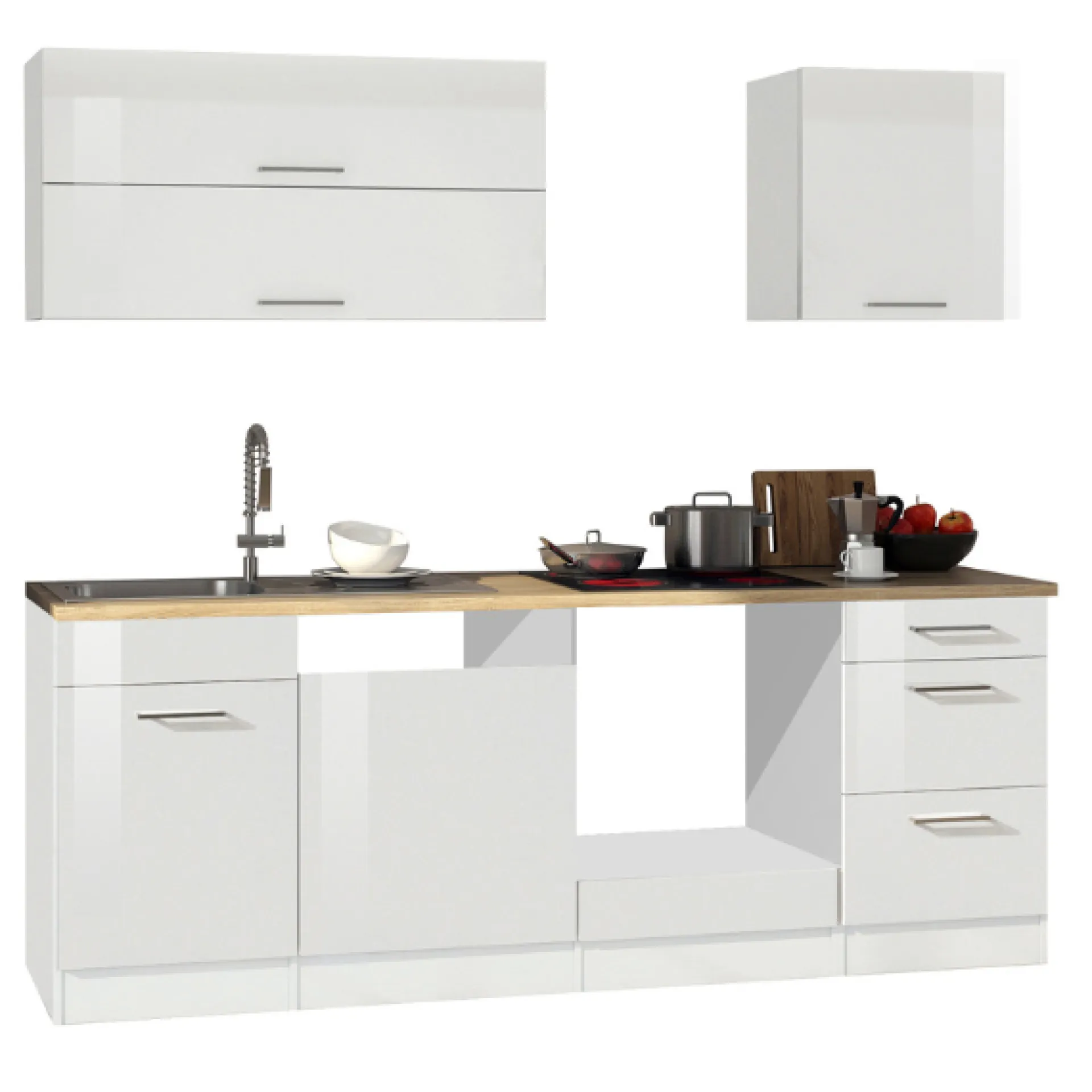 Held Küchenzeile Ragnar 220cm mit Platz für Backofen und Geschirrspüler - hochglänzend weiß