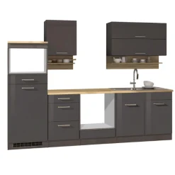 Held Küchenzeile Ragnar 270cm mit Platz für Mikrowelle, Kühlschrank und Backofen - Hochglanz