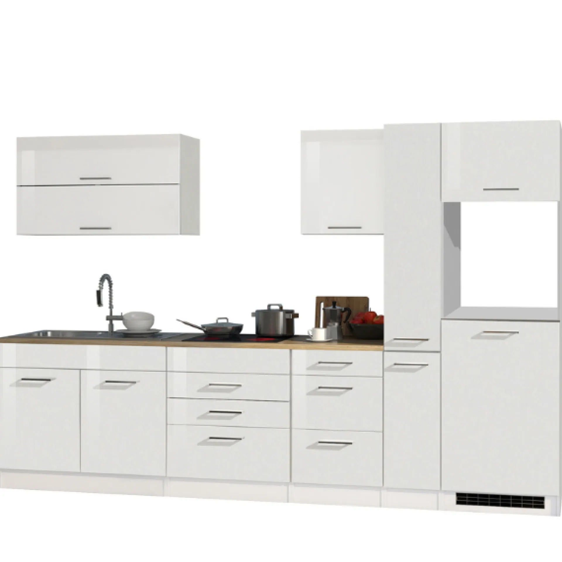 Held Küchenzeile Ragnar 320cm mit Platz für Kühlschrank und Backofen - hochglänzend weiß