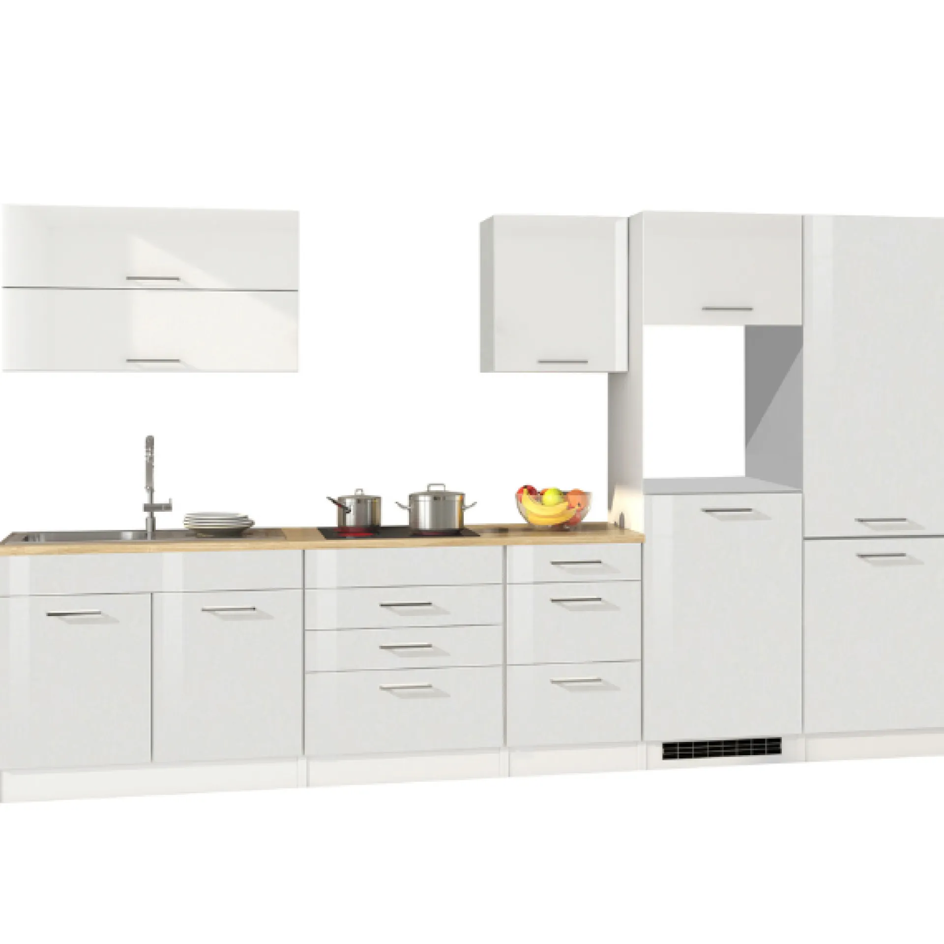 Held Küchenzeile Ragnar 350cm mit Platz für Kühl-Gefrierkombination und Backofen - hochglänzend weiß