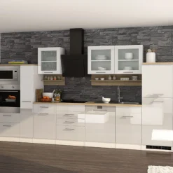 Held Küchenzeile Ragnar 370cm mit Platz für Backofen, Mikrowelle, Geschirrspüler und Kühlschrank - hochglänzend weiß