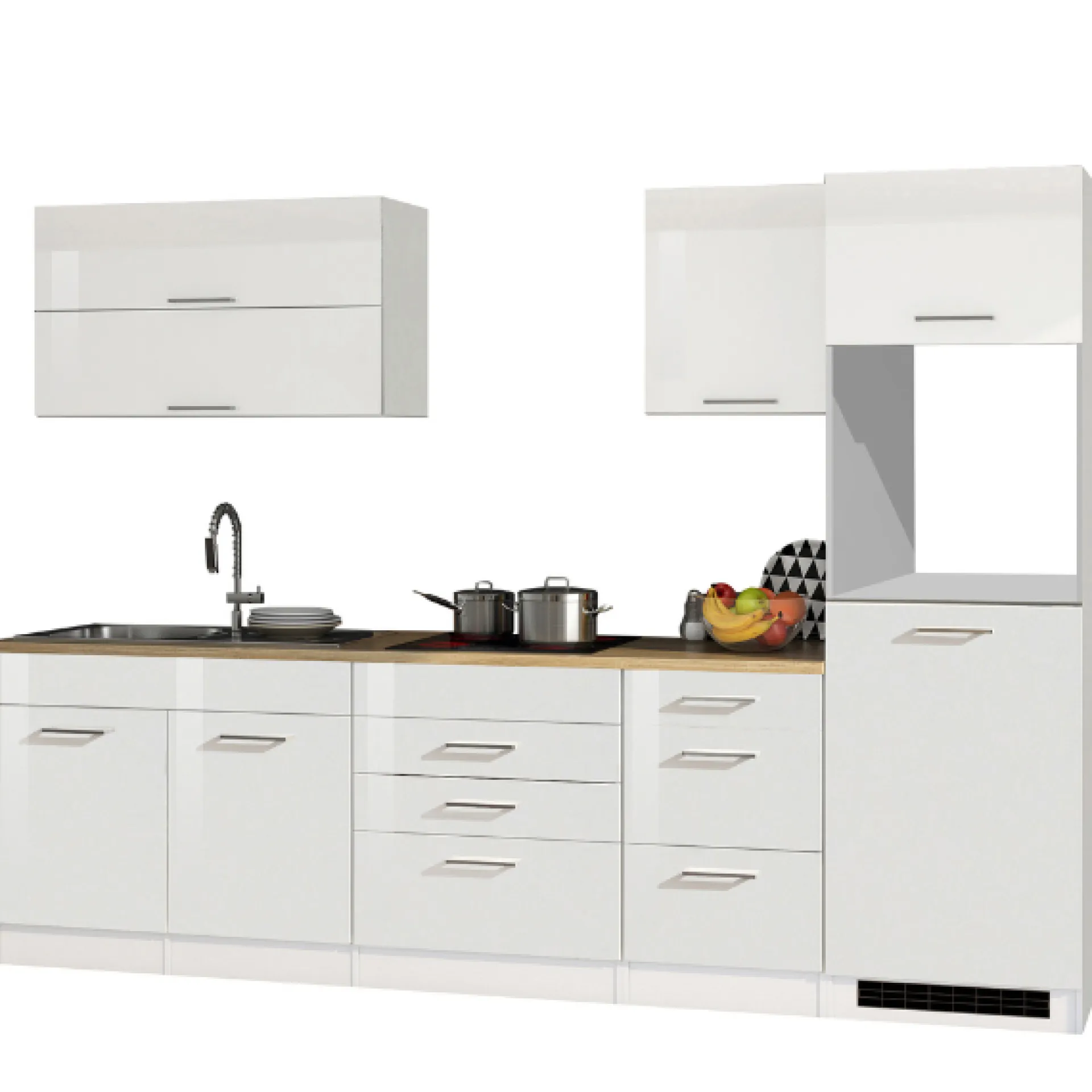 Held Küchenzeile Ragnar 290cm mit Platz für Kühlschrank und Backofen - Hochglanz weiß