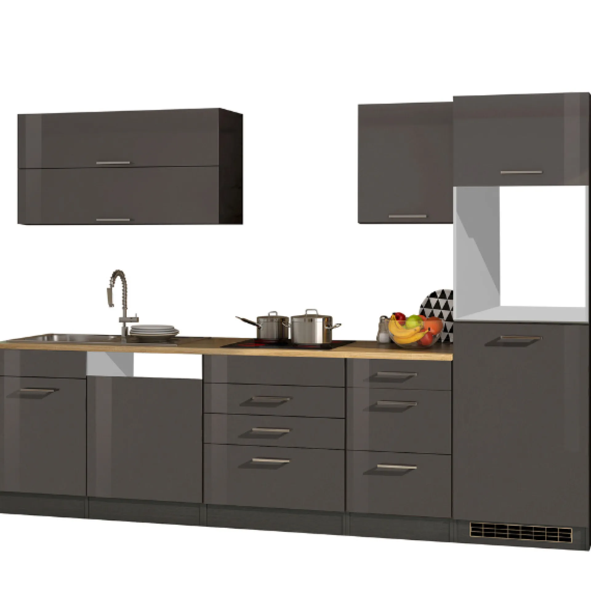 Held Küchenzeile Ragnar 300cm mit Platz für Geschirrspüler, Kühlschrank und Backofen - Hochglanz