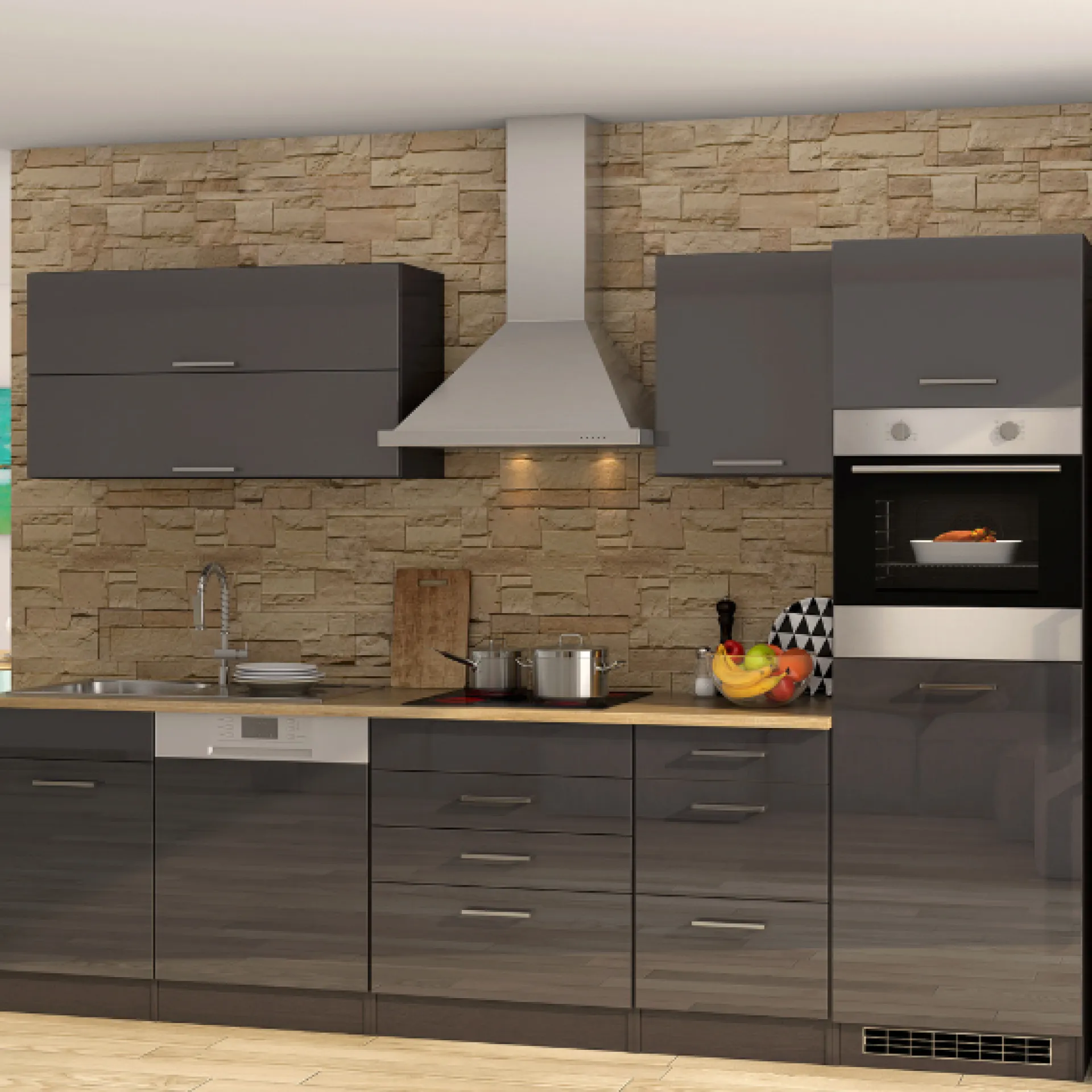 Held Küchenzeile Ragnar 300cm mit Platz für Geschirrspüler, Kühlschrank und Backofen - Hochglanz