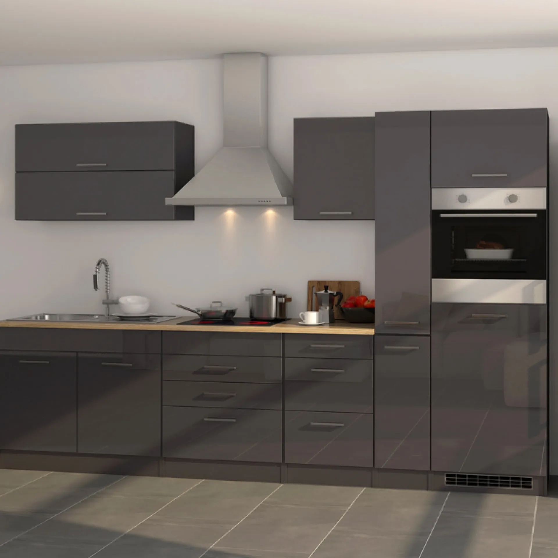 Held Küchenzeile Ragnar 320cm mit Platz für Kühlschrank und Backofen - Hochglanz