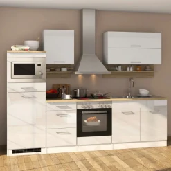 Held Küchenzeile Ragnar 270cm mit Platz für Mikrowelle, Kühlschrank und Backofen - hochglänzend weiß